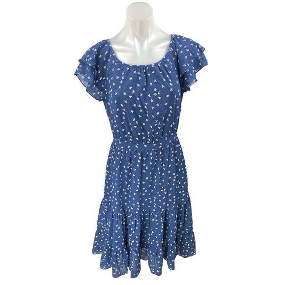 J.Crew Blue Floral Short Flutter Sleeve Ruffle Tiered Zip Midi A Line Dress Sz 4 - Picture 1 of 4